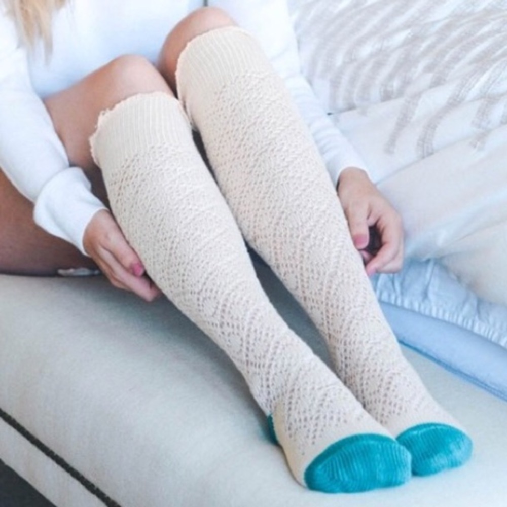 Boutique Oatmeal/Teal Knee High Crochet Socks